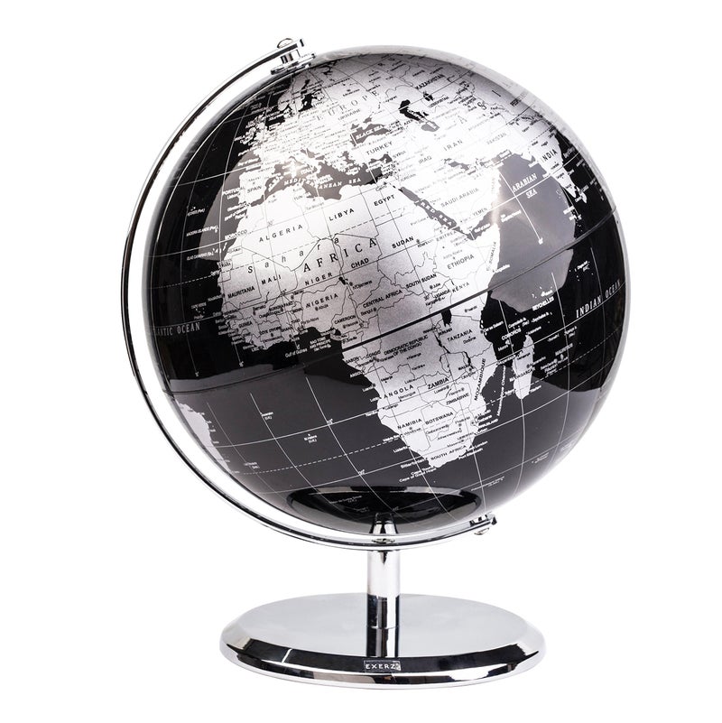 Exerz 8" World Globe Black - Stainless Steel Arc and Base - Educational/Geographic/Modern Desktop Decoration - Metallic Black - Image 1